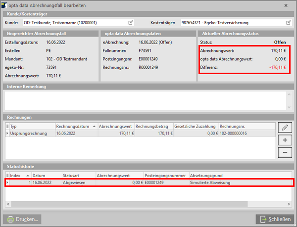 opta data Abrechnungsfall mit Gesamtwert als Differenz (Abweisung)